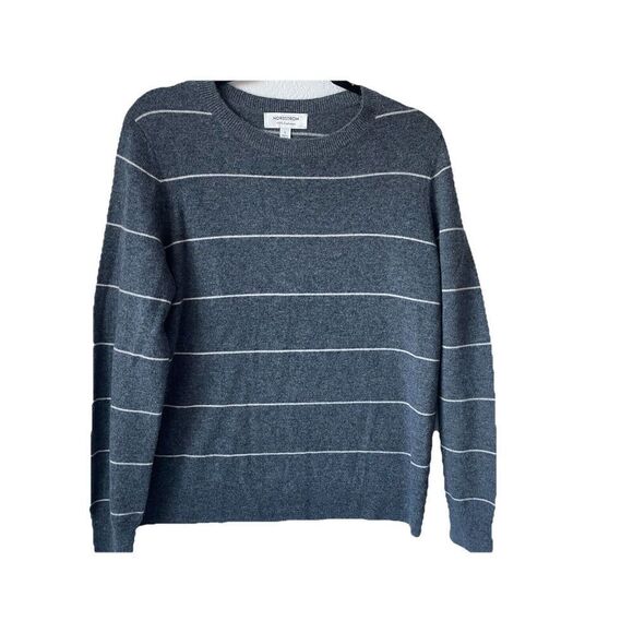 Nordstrom Women Crewneck Cashmere Sweater In Grey- Beige Spaced Stripe Sz Large - Picture 6 of 8